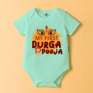 The Peppy Tend 100% Cotton Knit Half Sleeves My First Durga Pooja Printed Half Onesie