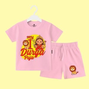 The Peppy Tend 100% Cotton Knit Half Sleeves My 1st Durga Puja Printed T-shirt Shorts Set