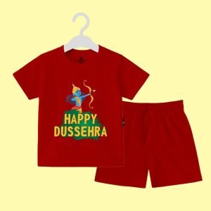 The Peppy Tend 100% Cotton Knit Half Sleeves Happy Dussehra Printed T-shirt Shorts Set