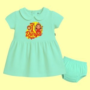 The Peppy Tend 100% Cotton Knit Half Sleeves My 1st Durga Puja Printed Frock with Bloomer