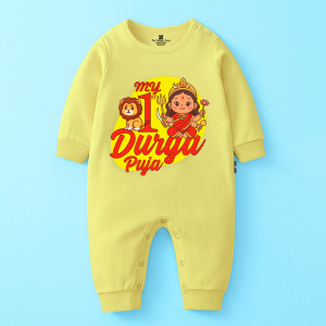 The Peppy Tend 100% Cotton Knit Full Sleeves My 1st Durga Puja Printed Full Romper