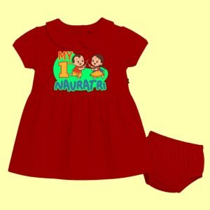 The Peppy Tend 100% Cotton Knit Half Sleeves My 1st Navratri Printed Frock with Bloomer