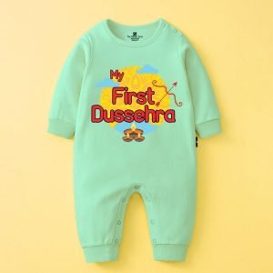 The Peppy Tend 100% Cotton Knit Full Sleeves My First Dussehra Printed Full Romper