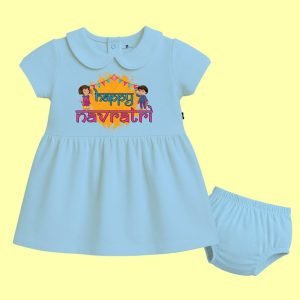 The Peppy Tend 100% Cotton Knit Half Sleeves Happy Navratri Printed Frock with Bloomer