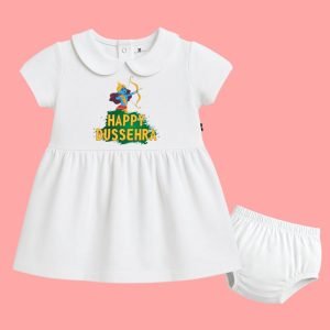 The Peppy Tend 100% Cotton Knit Half Sleeves Happy Dussehra Printed Frock with Bloomer