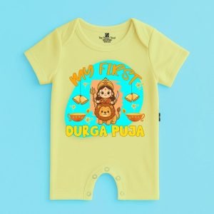 The Peppy Tend 100% Cotton Knit Half Sleeves My First Durga Puja Printed Half Romper