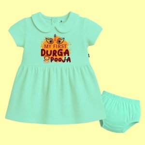 The Peppy Tend 100% Cotton Knit Half Sleeves My First Durga Pooja Printed Frock with Bloomer