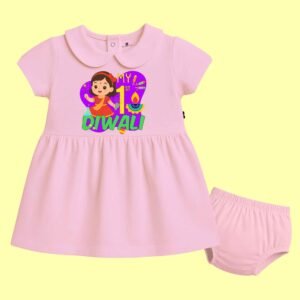 The Peppy Tend 100% Cotton Knit Half Sleeves My 1st Diwali Girl Printed Frock with Bloomers
