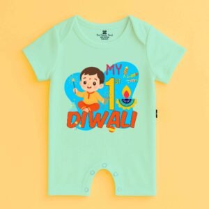 The Peppy Tend 100% Cotton Knit Half Sleeves My 1st Diwali Boy Printed Half Romper