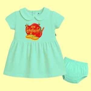 The Peppy Tend 100% Cotton Knit Half Sleeves Shubh Deepawali Hindi Printed Frock with Bloomers