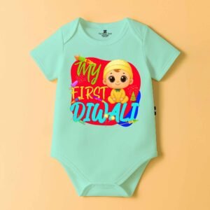 The Peppy Tend 100% Cotton Knit Half Sleeves My First Diwali Printed Half Onesie