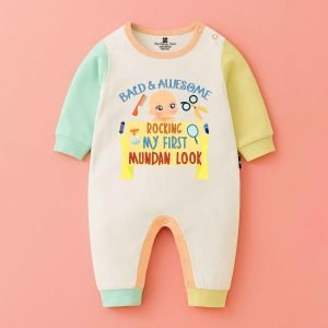 The Peppy Tend 100% Cotton Knit Full Sleeves Bald & Awesome Rocking My First Mundan Look Printed Full Romper