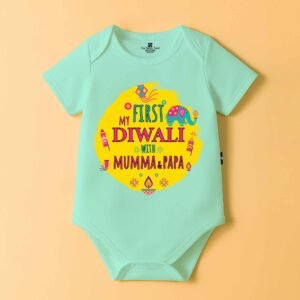 The Peppy Tend 100% Cotton Knit Half Sleeves My First Diwali With Mumma Papa Printed Half Onesie