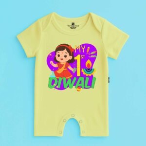 The Peppy Tend 100% Cotton Knit Half Sleeves My 1st Diwali Girl Printed Half Romper