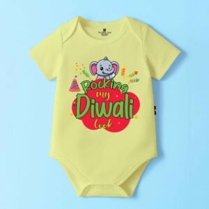 The Peppy Tend 100% Cotton Knit Half Sleeves My First Diwali Printed Half Onesie