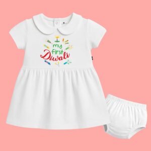 The Peppy Tend 100% Cotton Knit Half Sleeves My First Diwali Printed Frock With Bloomers