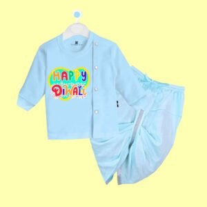 The Peppy Tend 100% Cotton Knit Full Sleeves Happy Diwali Printed Kurta Dhoti Set