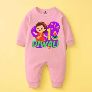 The Peppy Tend 100% Cotton Knit Full Sleeves My 1st Diwali Girl Printed Full Romper