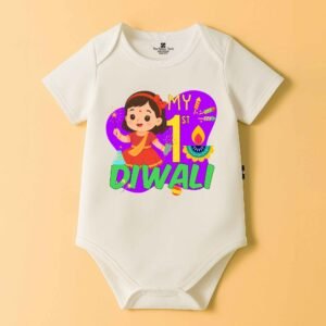 The Peppy Tend 100% Cotton Knit Half Sleeves My 1st Diwali Girl Printed Half Onesie