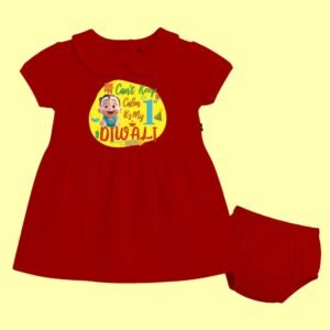 The Peppy Tend 100% Cotton Knit Half Sleeves Can't Keep Calm It's My 1st Diwali Printed Frock With Bloomers