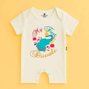 The Peppy Tend 100% Cotton Knit Half Sleeves My First Diwali Elephant Printed Half Romper
