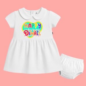The Peppy Tend 100% Cotton Knit Half Sleeves Happy Diwali Printed Frock with Bloomers
