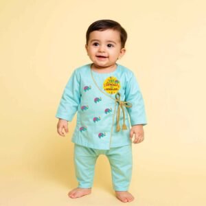 The Peppy Tend 100% Cotton Knit Full Sleeves My First Diwali With Mumma Papa Printed Angrakha Kurta Pajama Set