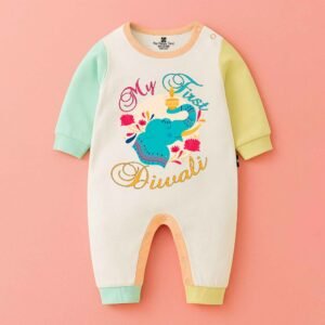 The Peppy Tend 100% Cotton Knit Full Sleeves My First Diwali Elephant Printed Full Romper