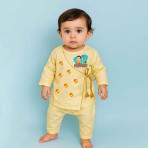The Peppy Tend 100% Cotton Knit Full Sleeves My 1st Diwali Boy Printed Angrakha Kurta Pajama Set