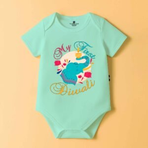 The Peppy Tend 100% Cotton Knit Half Sleeves My First Diwali Elephant Printed Half Onesie