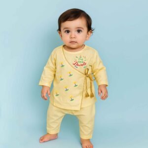 The Peppy Tend 100% Cotton Knit Full Sleeves My First Diwali Printed Angrakha Kurta Pajama Set