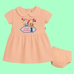 The Peppy Tend 100% Cotton Knit Half Sleeves It's My 1st Birthday Printed Frock with Bloomers