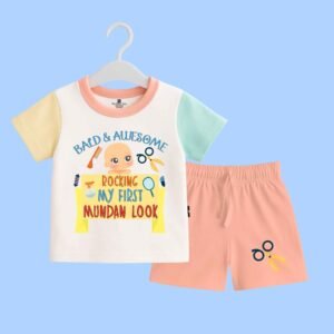 The Peppy Tend 100% Cotton Knit Half Sleeves Bald & Awesome Rocking My First Mundan Look Printed T-Shirt Shorts Set