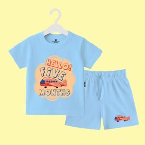 The Peppy Tend 100% Cotton Knit Half Sleeves Hello 5 Months Printed T-Shirt Shorts Set