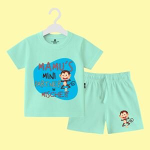 The Peppy Tend 100% Cotton Knit Half Sleeves Mamu's Mini Partner in Mischeif Printed T-Shirt Shorts Set