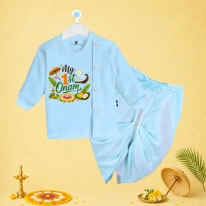 The Peppy Tend 100% Cotton Knit Full Sleeves My 1st Onam New Printed Kurta Dhoti Set