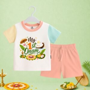 The Peppy Tend 100% Cotton Knit Half Sleeves My 1st Onam New Printed T-Shirt Shorts Set