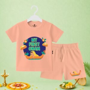 The Peppy Tend 100% Cotton Knit Half Sleeves My First Onam Baby Boat Printed T-Shirt Shorts Set