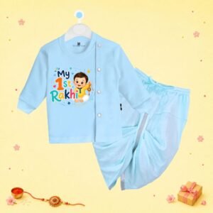The Peppy Tend 100% Cotton Knit Full Sleeves My 1st Rakhi Boy New Printed Dhoti Kurta Set
