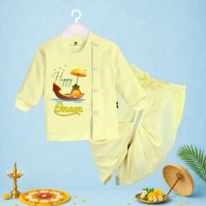 The Peppy Tend 100% Cotton Knit Full Sleeves Happy Onam Printed Kurta Dhoti Set
