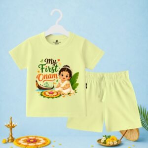 The Peppy Tend 100% Cotton Knit Half Sleeves My First Onam Girl New Printed T-Shirt Shorts Set