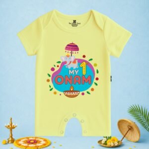 The Peppy Tend 100% Cotton Knit Half Sleeves My 1st Onam Elephant Printed Half Romper