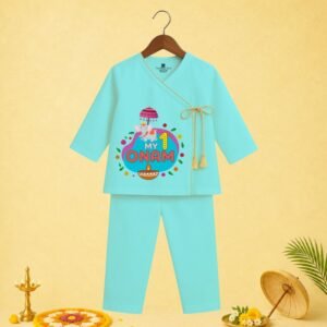 The Peppy Tend 100% Cotton Woven Full Sleeves My 1st Onam Elephant Printed Kurta Pyjama Set