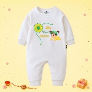 The Peppy Tend 100% Cotton Knit Full Sleeves My First Rakhi Girl Printed Full Romper