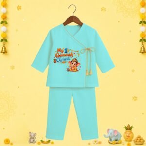 The Peppy Tend 100% Cotton Knit Full Sleeves My 1st Ganesh Chaturthi Printed Angrakha Kurta Pyjama Set