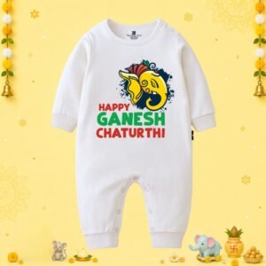 The Peppy Tend 100% Cotton Knit Full Sleeves Happy Ganesh Chaturthi Printed Full Romper