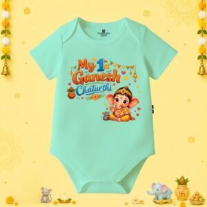 The Peppy Tend 100% Cotton Knit Half Sleeves My 1st Ganesh Chaturthi Printed Half Onesie