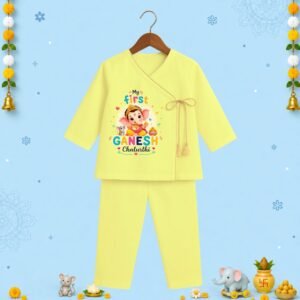 The Peppy Tend 100% Cotton Knit Full Sleeves My First Ganesh Chaturthi Printed Angrakha Kurta Pyjama Set