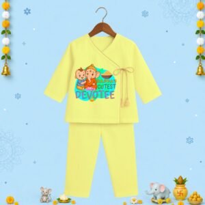 The Peppy Tend 100% Cotton Knit Full Sleeves Bappa's Cutest Devotee Printed Angrakha Kurta Pyjama Set