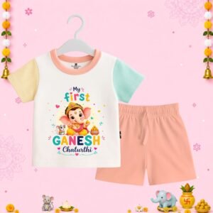The Peppy Tend 100% Cotton Knit Half Sleeves My First Ganesh Chaturthi Printed T-Shirt Shorts Set